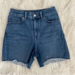 Express midi high rise denim shorts